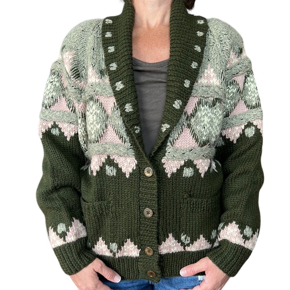 Vintage NOVO‎ Hand Knit Wool Blend Chunky Ugly Christmas Sweater Green/Pink M